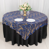 Elevate Your Event with the Royal Blue Gold Wave Mesh Square Table Overlay